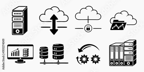 Illustrations of various servers, databases, and cloud computing concepts.