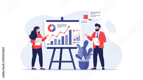 Two business partners presenting positive growth statistics and pie charts on a whiteboard in a modern office setting.
