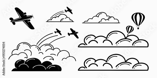 A variety of flying objects and cloud formations in a clear sky.