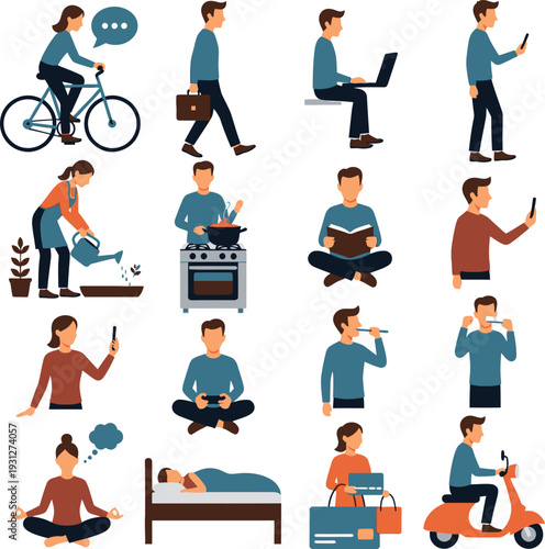 Daily Activities: A set of illustrations showcasing various facets of day-to-day life. From leisure pursuits to essential tasks. A diverse range of activities that shape the human experience