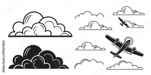 Aircraft soaring through various cloud formations in a clear blue sky.