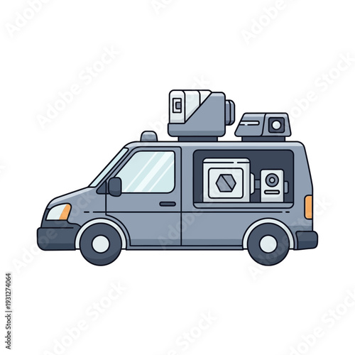 Gray Camper Van with Equipment on Roof and Appliances Inside.