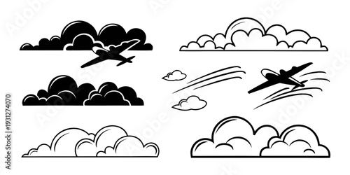 A collection of black and white illustrations featuring clouds and airplanes.