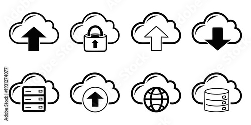 Collection of icons representing various cloud computing and data storage concepts