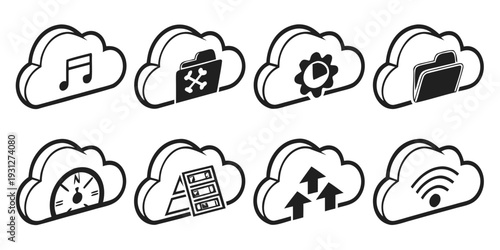 A collection of various cloud computing icons and symbols