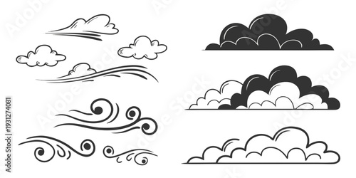A collection of various cloud and swirl illustrations in a monochromatic design