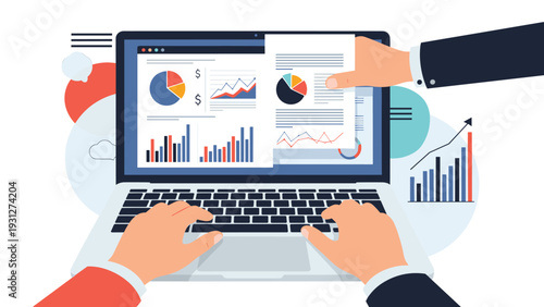 Close-up of hands typing on a laptop keyboard while another person presents a document with colorful financial charts.