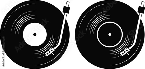 Black and white line art illustration of vinyl records on turntables with tonearms and stylus, symbolizing retro music, DJ culture, and analog sound technology