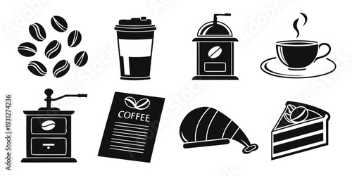 Assorted coffee items and accessories arranged in a row