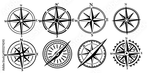 A collection of nine distinct compass designs showcasing various styles and orientations.