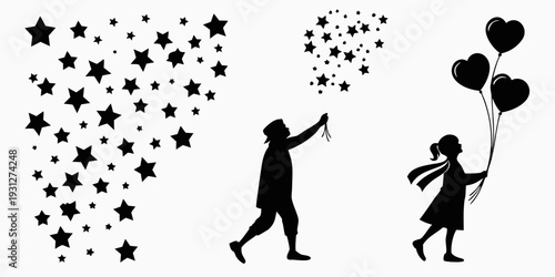 Two children walking under a sky filled with stars and hearts