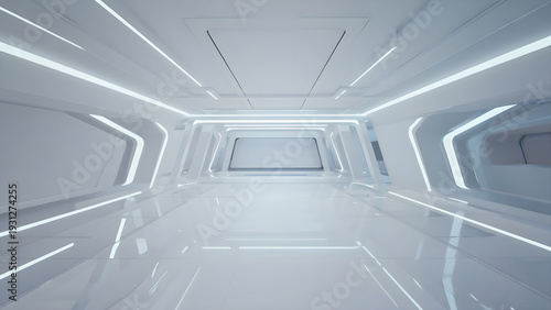 Futuristic white corridor with glowing neon lights, a modern abstract space tunnel for technology and innovation concepts.
