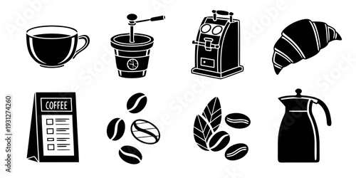 A variety of coffee-related items including a coffee maker, beans, and a cash register.