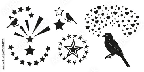 A collection of stars, fireworks, and a bird in a minimalist black and white design.