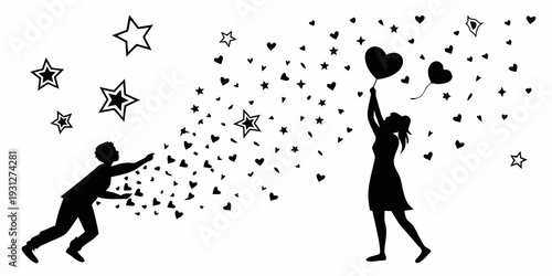 A couple sharing a romantic moment under a sky full of stars and hearts.