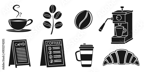 A variety of coffee-related icons including a coffee cup, beans, and a coffee machine.