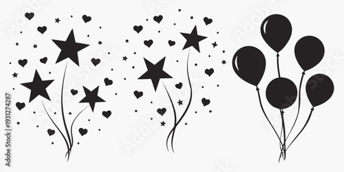 Celebration with stars, hearts, and balloons in a minimalist black and white design