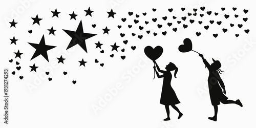 Two children playing under a sky full of stars and hearts.