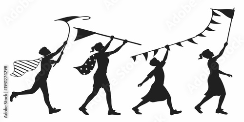 Silhouettes of people marching with flags and banners in a line