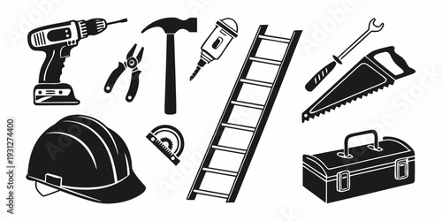 Assorted construction tools and equipment laid out on a white background