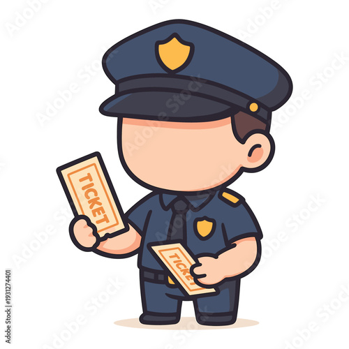 Cartoon police officer holding tickets flat vector illustration