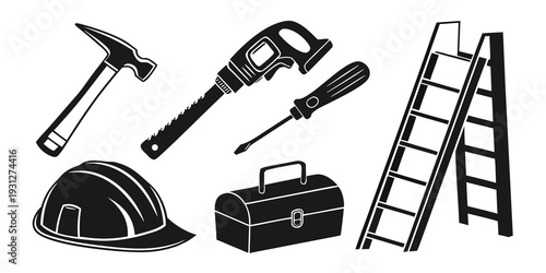 Assorted construction tools and safety equipment arranged neatly