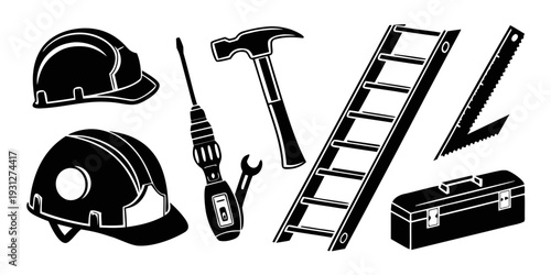 A collection of construction tools including a helmet, hammer, and ladder.