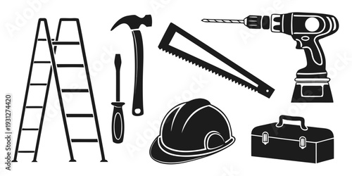 Assorted construction tools and safety equipment illustrated in black and white