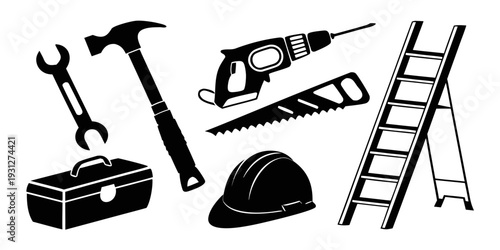 Assorted construction tools and equipment arranged in a row