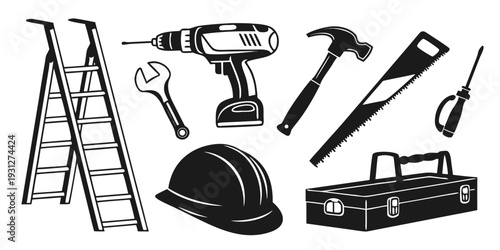 Assorted construction tools and equipment arranged neatly on a flat surface