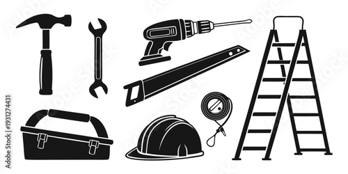 A collection of tools and safety equipment commonly used in construction and maintenance work.