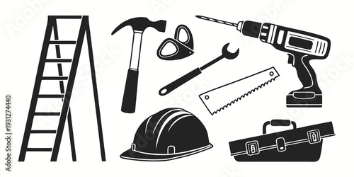 Assorted construction tools and safety equipment arranged on a white background