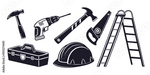 Assorted construction tools and safety equipment on white background