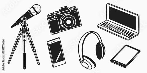 Assorted electronic devices and accessories displayed on a white background