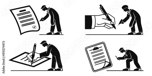 Illustrations of a person engaging in various writing and reading activities