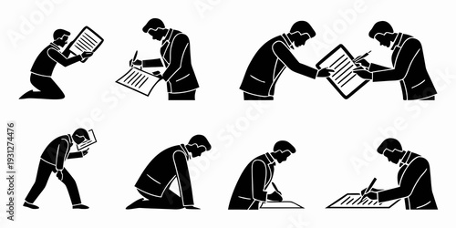 Illustrations of various people in different prayer positions and postures.