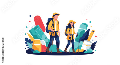 A couple of travelers with backpacks and trekking poles hiking together, surrounded by abstract shapes and outdoor equipment.