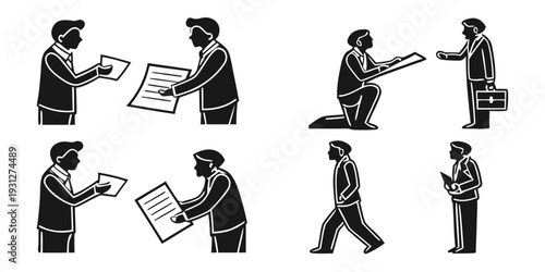 A series of black and white illustrations depicting various postal workers in action.