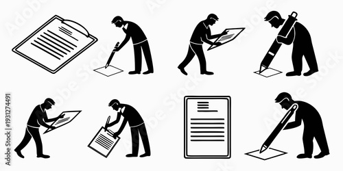 Various individuals engaged in different activities related to document handling and reading.