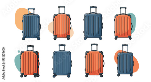 A collection of modern orange and blue wheeled travel suitcases shown from various angles, ready for a vacation or business trip.