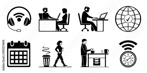 Modern office work environment with various activities and tools