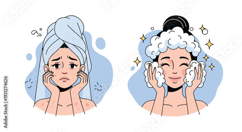 A before and after skincare illustration of a woman transforming her acne-prone skin to clear and healthy by washing her face.