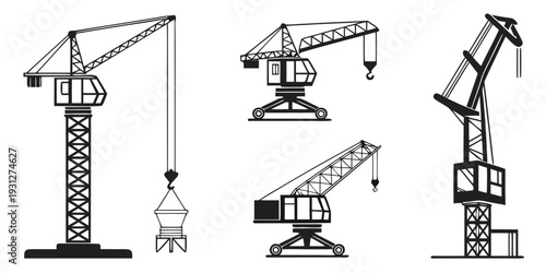 Various types of cranes used in construction and industry