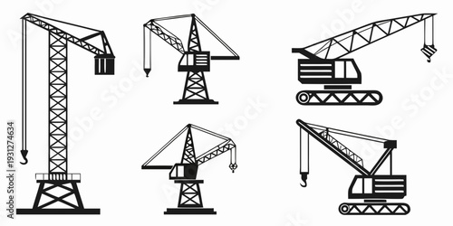 Illustration of various types of cranes used in construction and industry