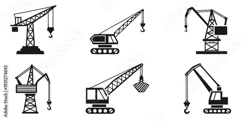 Diverse construction cranes displayed in a grid format