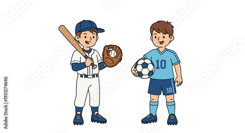 An illustration of two young boys as friends, one dressed in a baseball uniform and the other in a soccer kit with a ball.