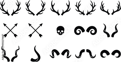 Collection of black silhouette icons featuring deer antlers, ram horns, skull, and arrows, ideal for logo design, emblems, fantasy artwork, and symbolic illustration