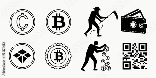 Illustrations of cryptocurrency, mining, and payment methods