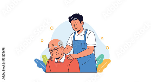 A kind young man giving a gentle shoulder massage to a happy elderly man, representing family care, support, and compassion.