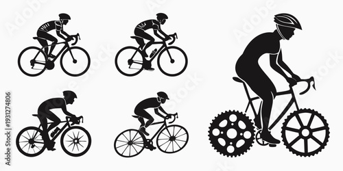 A diverse collection of cyclists and bicycles in various styles and positions.